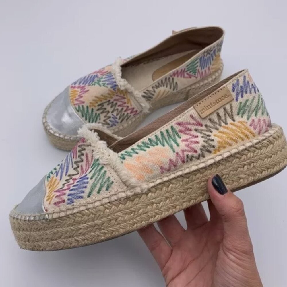Mint & Rose Espadrilles Sz 6 Wicker Metallic Cap Toe Zig Zag Print Shoes flats - Picture 2 of 11